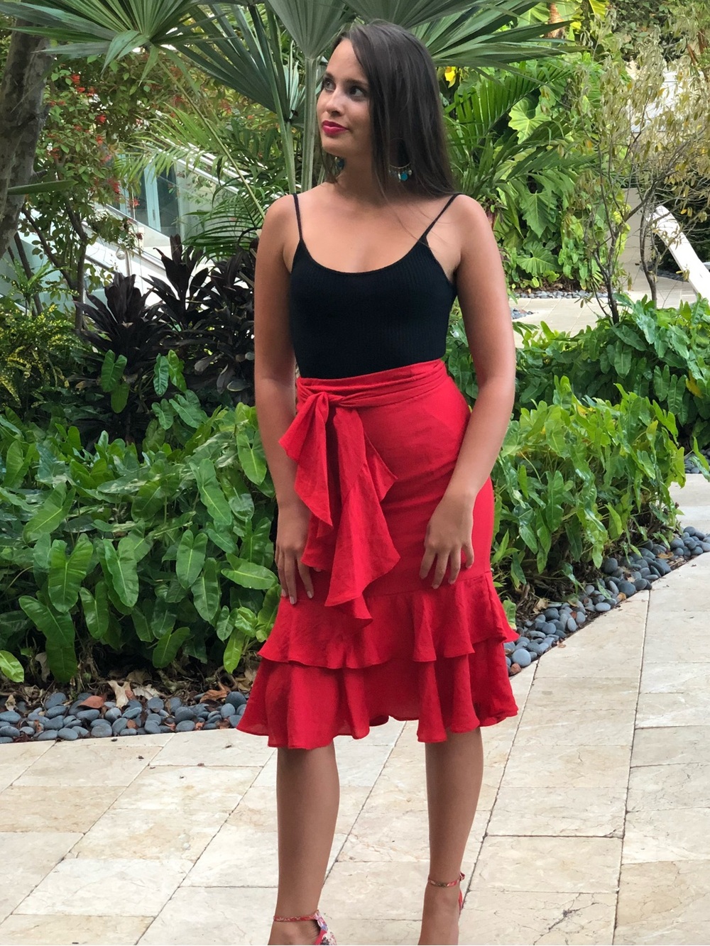 Urban Outfitters Red Ruffled Midi Skirt with Scarf Detail